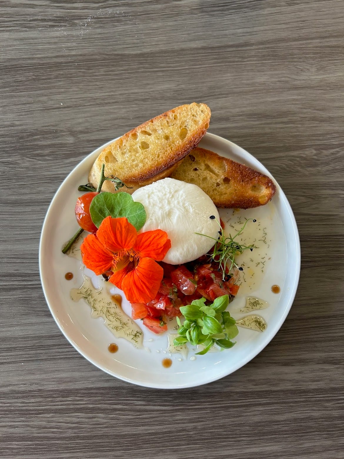 Burrata with tomatoes, nasturtium and grilled bread